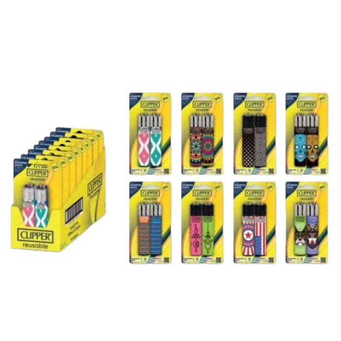 Clipper Lighter - 2 Lighters Per Blister Pack  - 8PK DISPLAY (Assorted Designs)